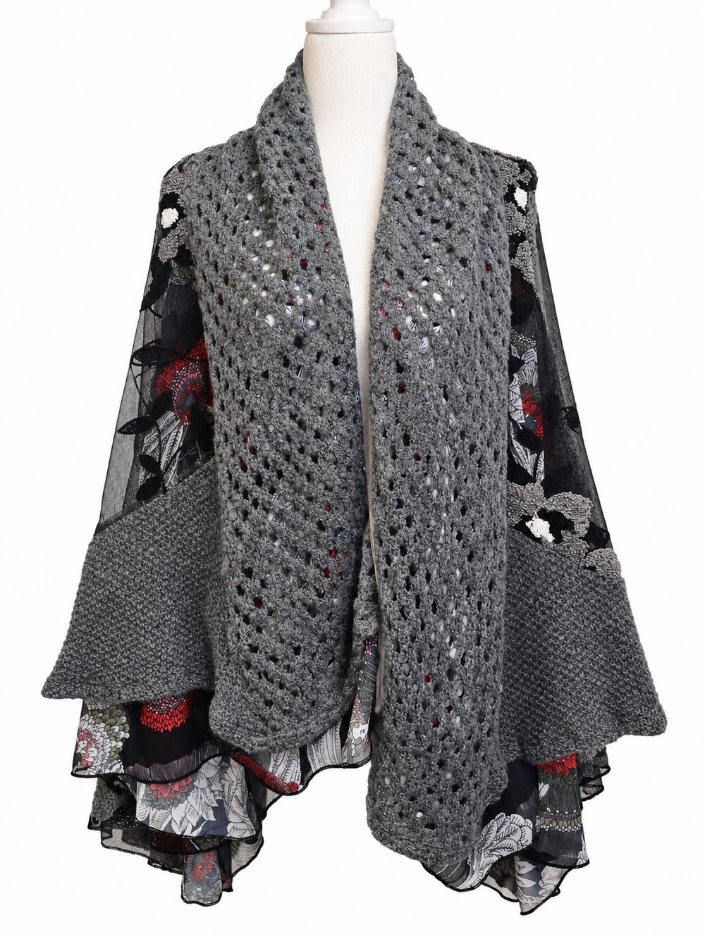 Fantazia Gray Layered Open Knit Floral Sheer Cardigan Shawl Size M Boho Artsy